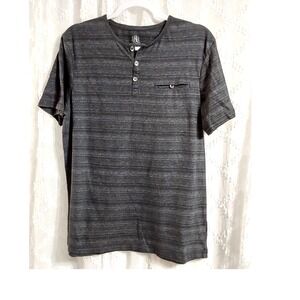 Rock & Republic Mens Large Gray Space Dye Short Sleeve Henley Shirt Pocket Tee
